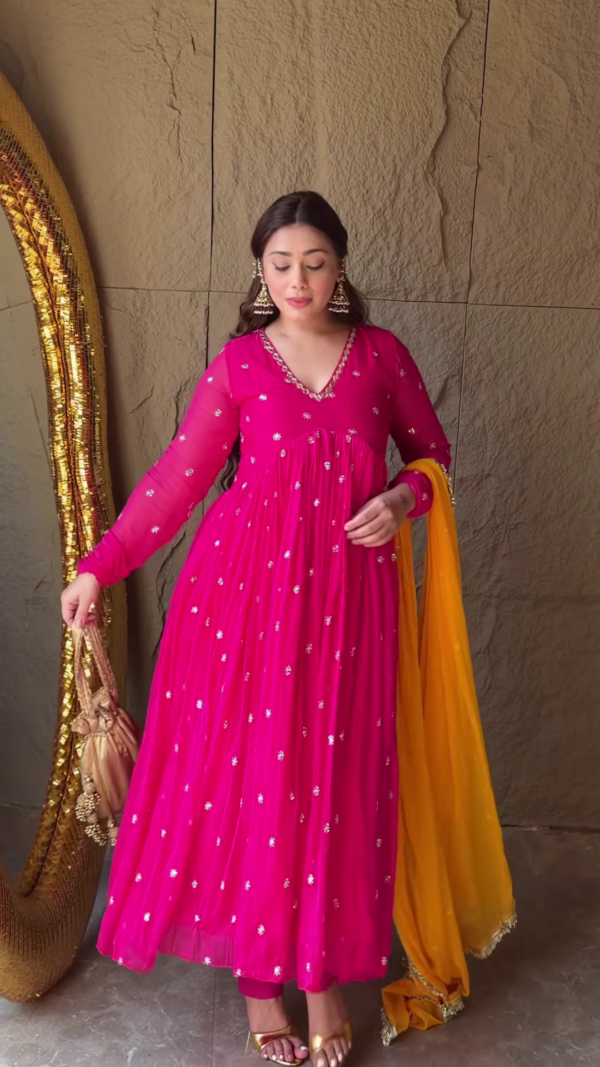 Rosewood Radiance: Angrakha Organza Anarkali Gown