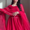 Crimson Blossom: Embroidered V-Neck Cotton Kurti Set