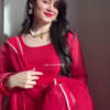 Crimson Blossom: Embroidered V-Neck Cotton Kurti Set