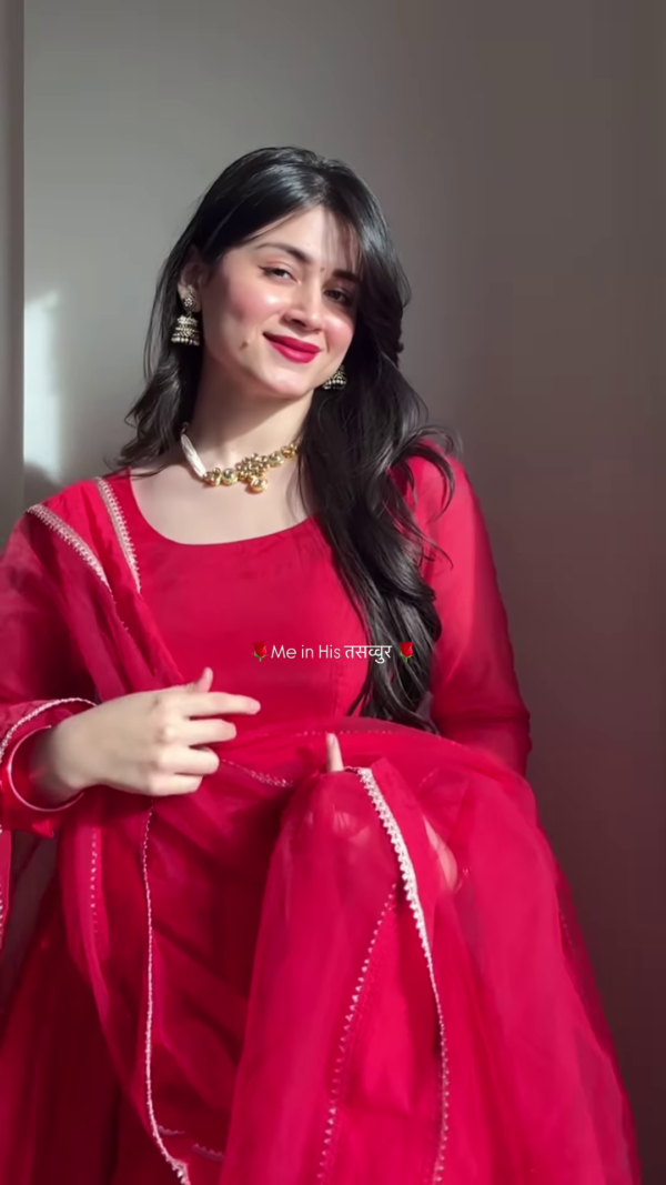 Crimson Blossom: Embroidered V-Neck Cotton Kurti Set