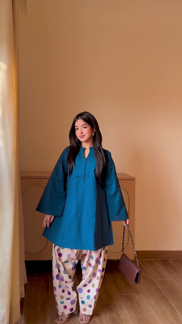 7014-1.png Peacock Elegance: A-Line Kurti with Polka-Dot Salwar Set