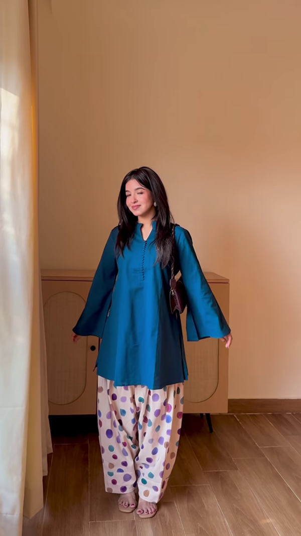 7014-2.png Peacock Elegance: A-Line Kurti with Polka-Dot Salwar Set