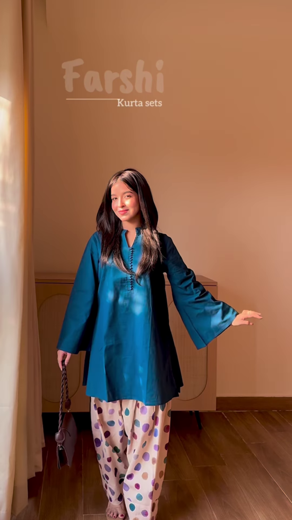 7014-3.png Peacock Elegance: A-Line Kurti with Polka-Dot Salwar Set