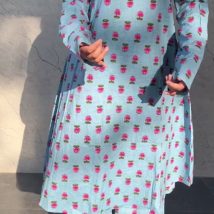 7015-1.png Dusty Azure: Lotus Print Cotton Kurti & Pant Set