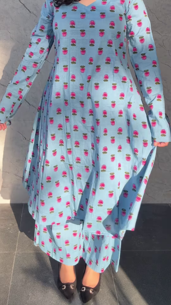 Dusty Azure: Lotus Print Cotton Kurti & Pant Set