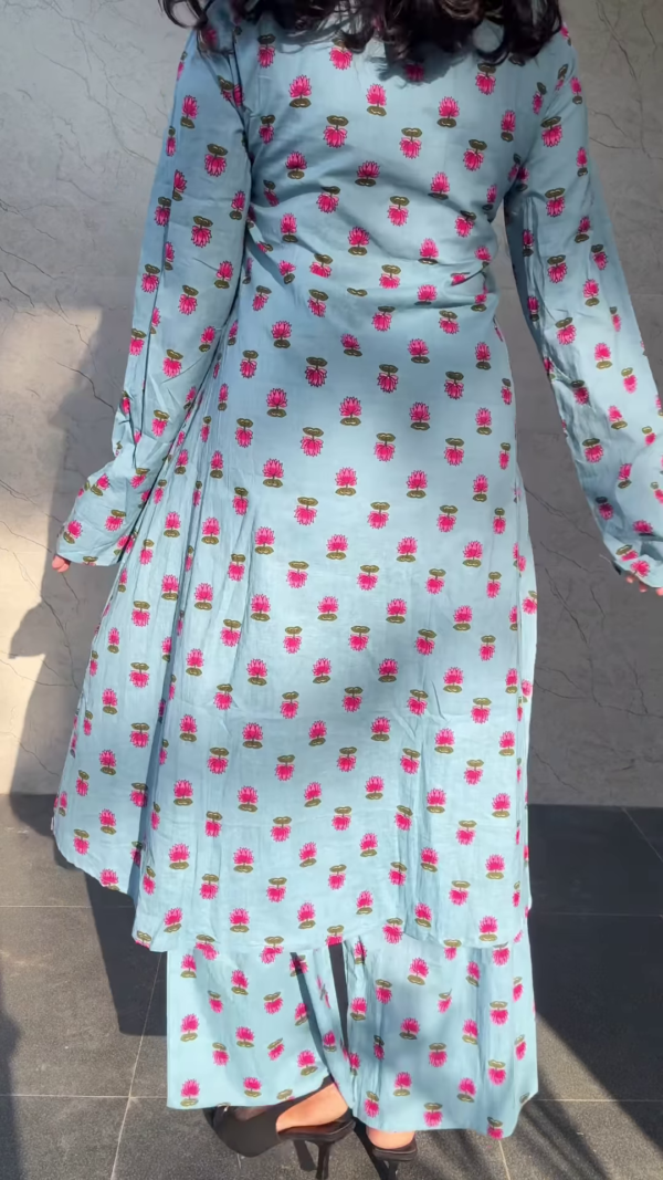 Dusty Azure: Lotus Print Cotton Kurti & Pant Set