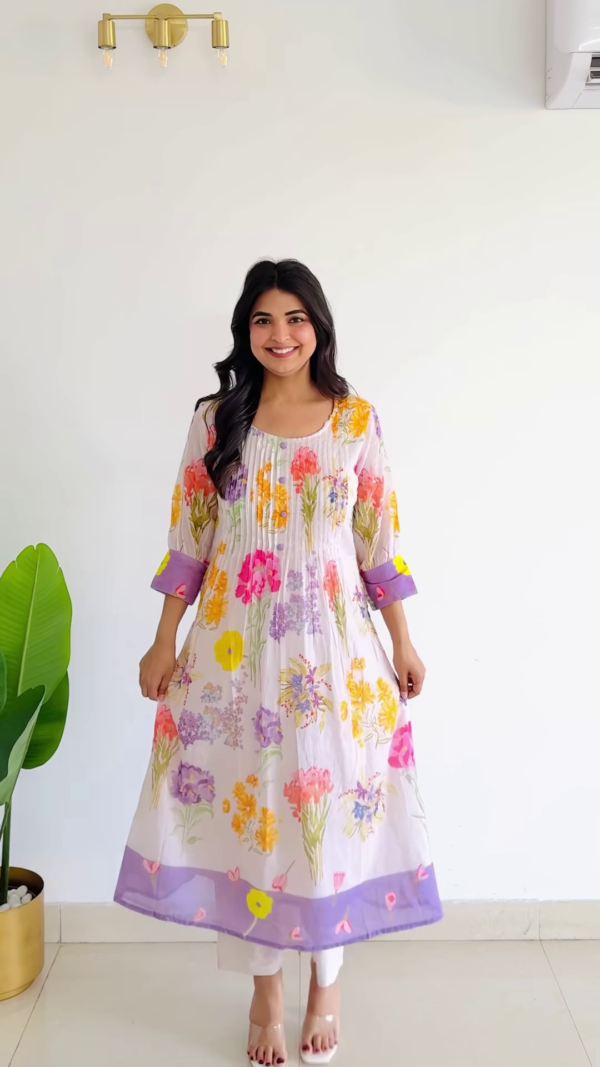 Meadow Serenade: Pleated Floral Cotton A-Line Suit Set