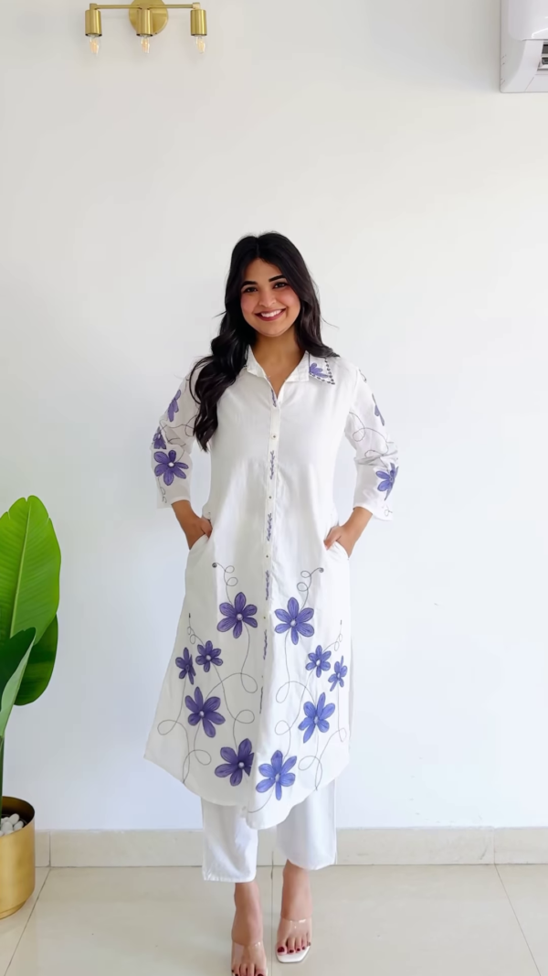 Meadow Serenade: Pleated Floral Cotton A-Line Suit Set