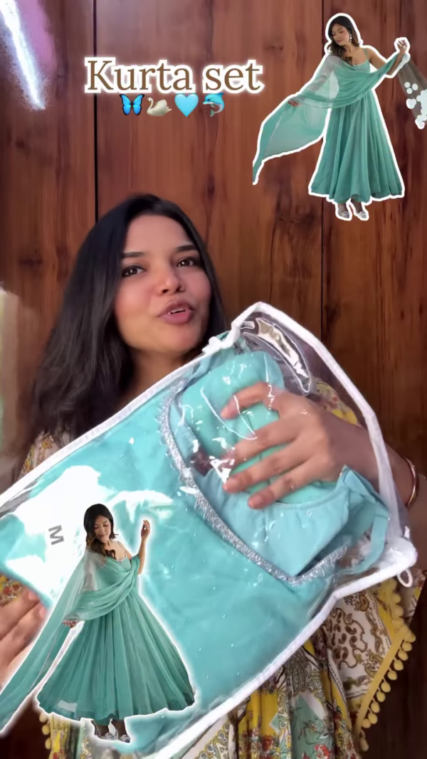 Seafoam Sparkle: Strappy Organza Festive Anarkali Set