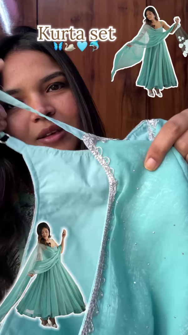 Seafoam Sparkle: Strappy Organza Festive Anarkali Set