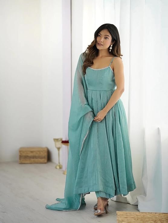 Seafoam Sparkle: Strappy Organza Festive Anarkali Set