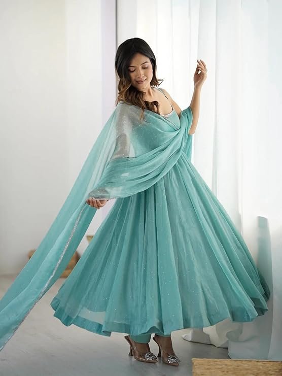 Seafoam Sparkle: Strappy Organza Festive Anarkali Set