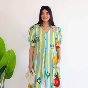 7021-1.png Resort Vibe: Striped Tropical Puff-Sleeve Midi Dress