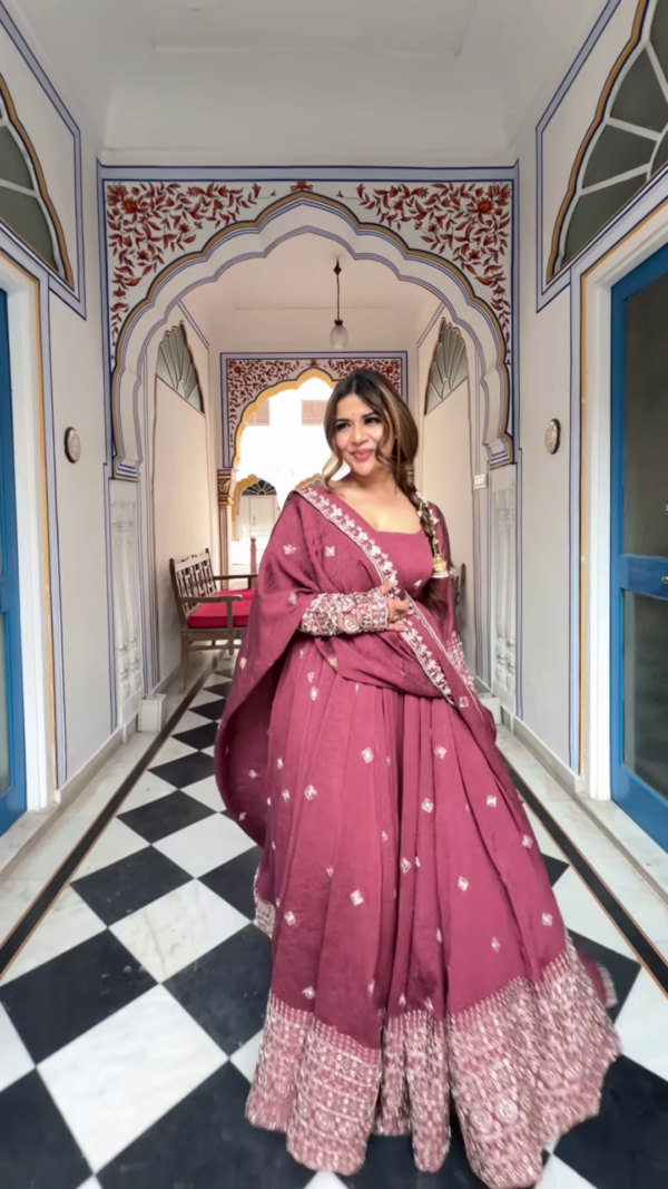 Royal Mauve Rose: Embroidered Georgette Festive Anarkali Gown