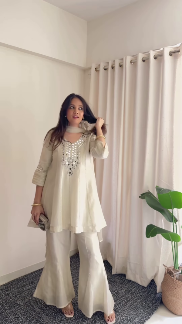 Ivory Luminescence: Mirror-Work Flared Tunic & Sharara Set