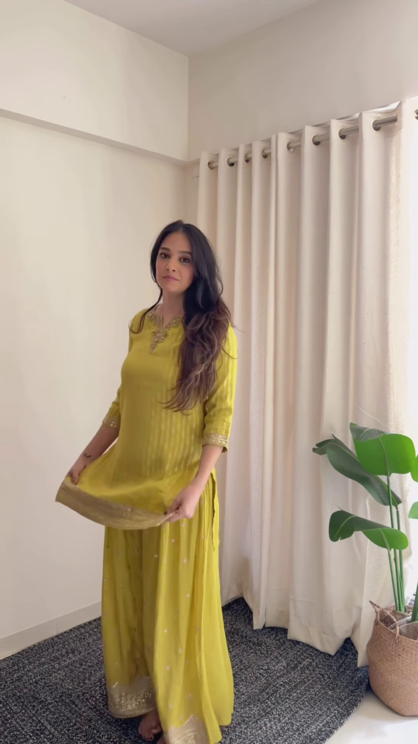 Ivory Luminescence: Mirror-Work Flared Tunic & Sharara Set