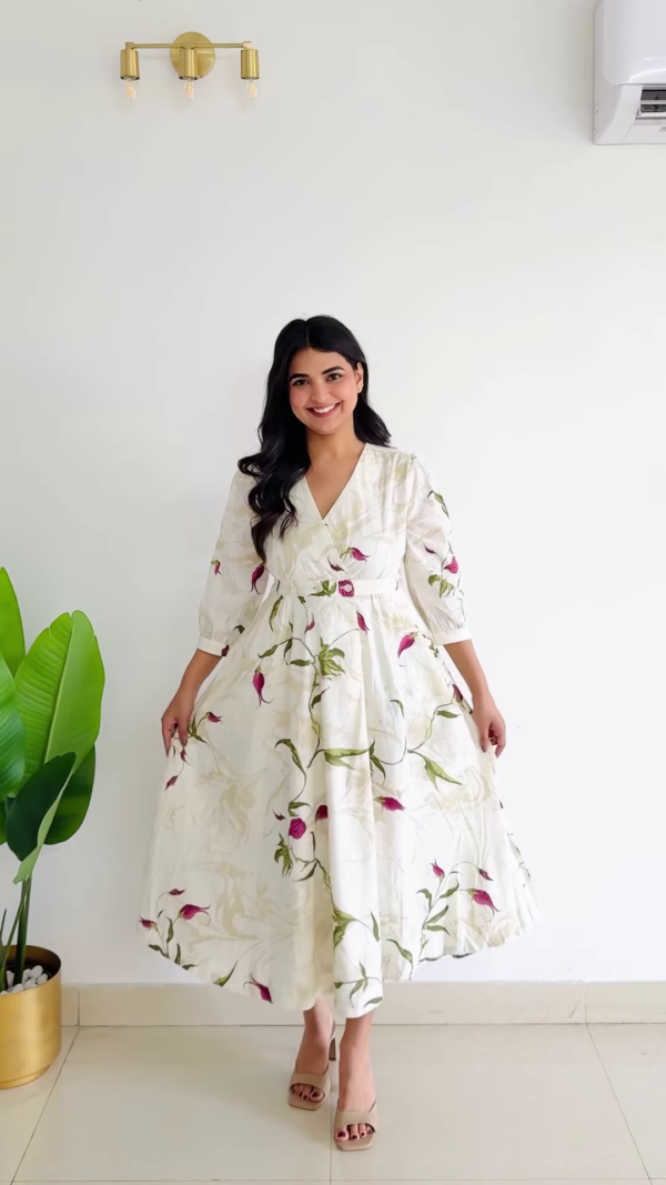 Vanilla Meadow: Wrap-Style Botanical Midi Dress