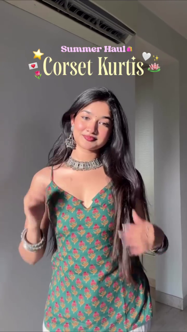 Emerald Corset Glam: Block-Printed Cotton Strappy Tunic