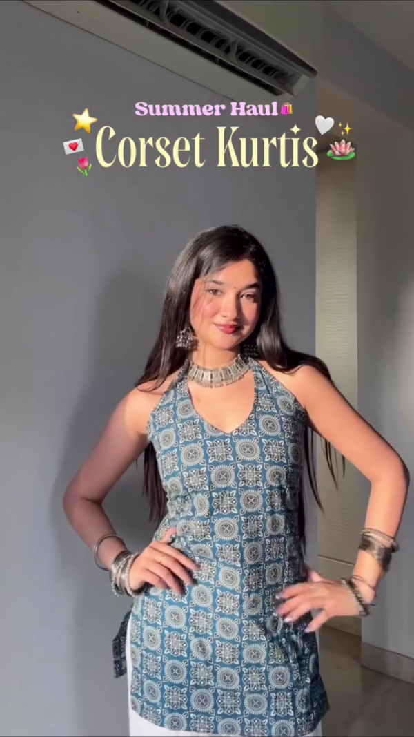 Emerald Corset Glam: Block-Printed Cotton Strappy Tunic
