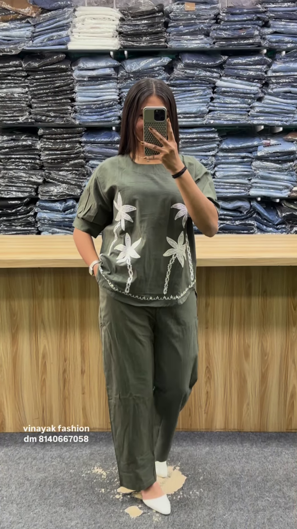 Olive Green Floral Embroidered Co-Ord Set