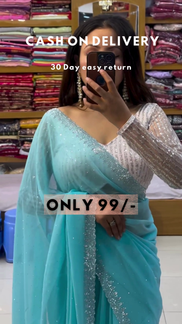 Aquamarine Glitz: Sequined Blouse & Georgette Saree Set