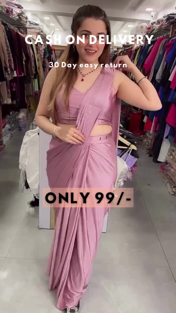 Lavender Frost: Pre-Stitched Satin Cocktail Saree Set
