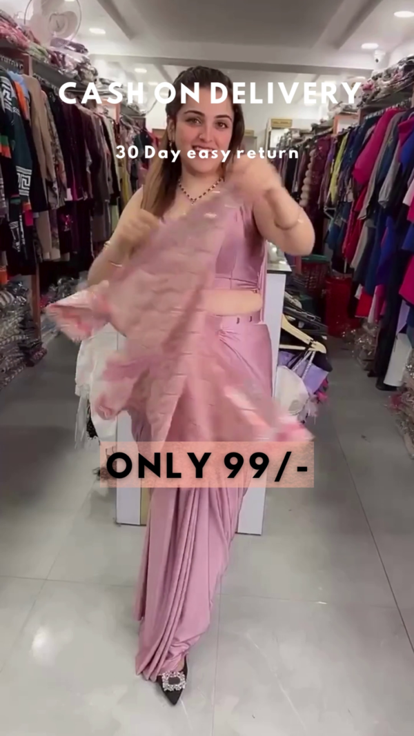 Lavender Frost: Pre-Stitched Satin Cocktail Saree Set