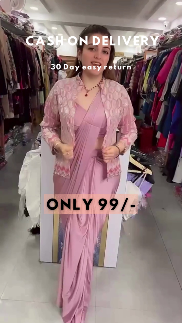 Lavender Frost: Pre-Stitched Satin Cocktail Saree Set