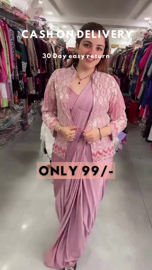 Lavender Frost: Pre-Stitched Satin Cocktail Saree Set