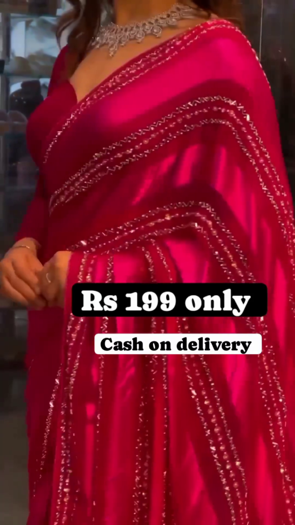 Magenta Radiance: Sequined Striped Satin-Sark Saree Set