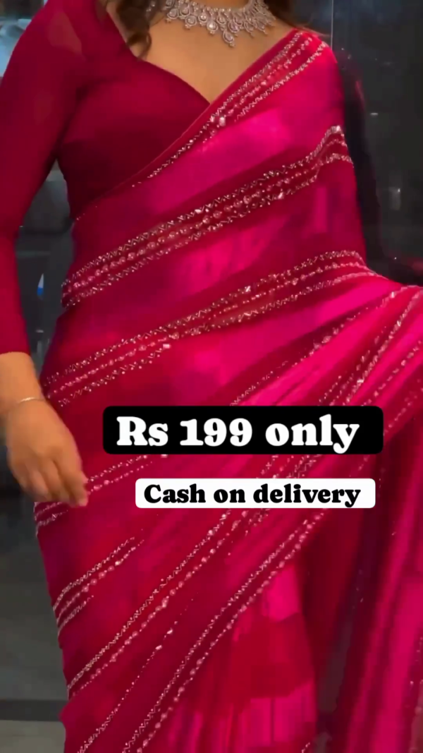 Magenta Radiance: Sequined Striped Satin-Sark Saree Set