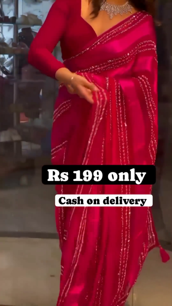 Magenta Radiance: Sequined Striped Satin-Sark Saree Set