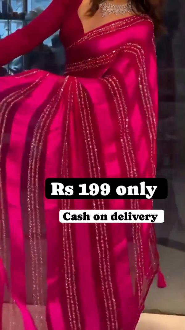Magenta Radiance: Sequined Striped Satin-Sark Saree Set