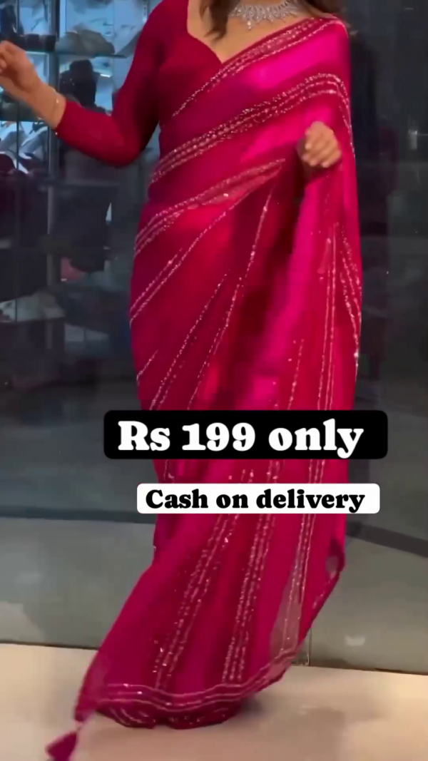 Magenta Radiance: Sequined Striped Satin-Sark Saree Set