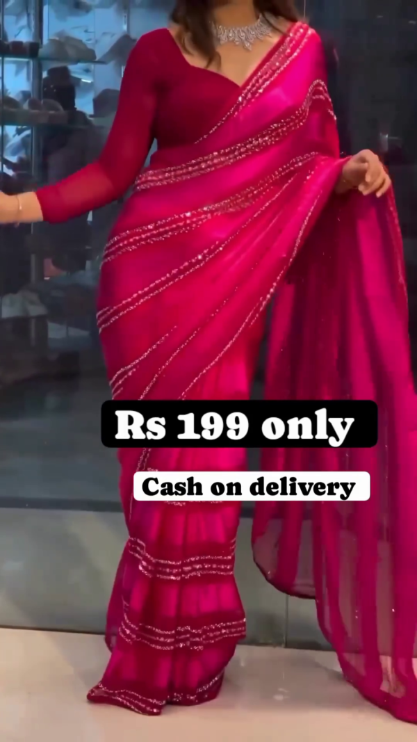 Magenta Radiance: Sequined Striped Satin-Sark Saree Set