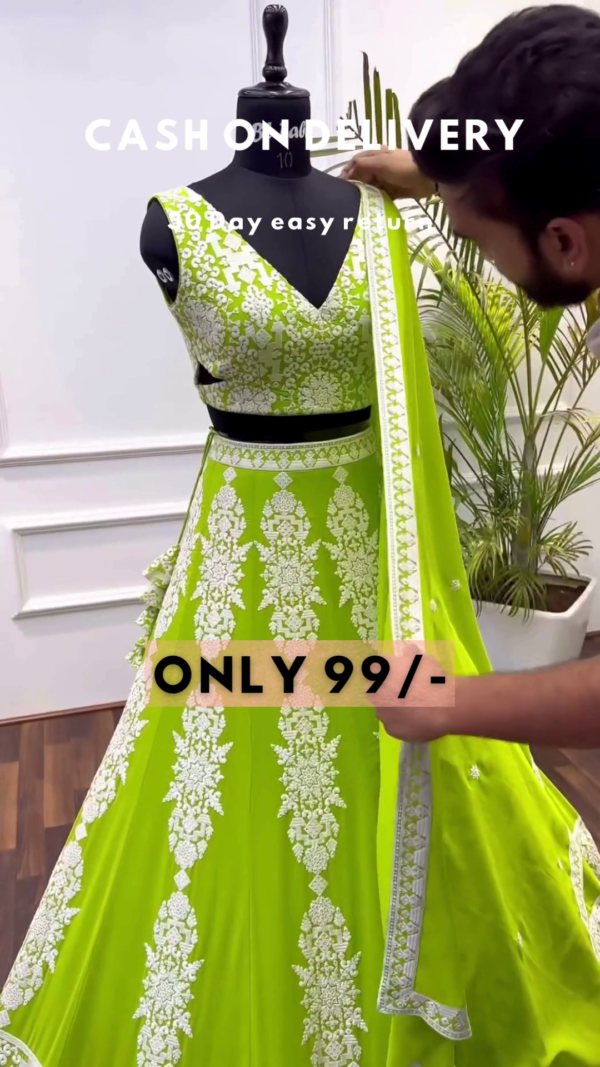Lime Zest: Embroidered Woven Lehenga Choli Set