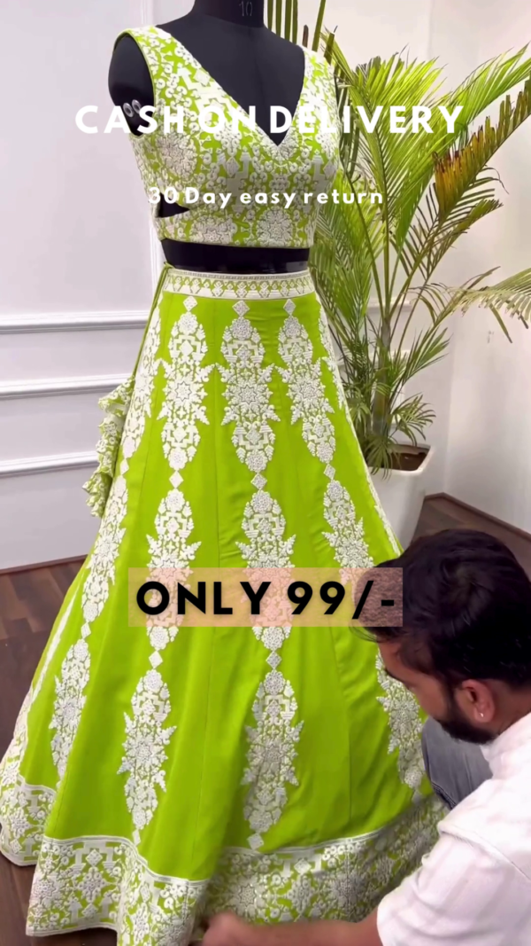 Lime Zest: Embroidered Woven Lehenga Choli Set