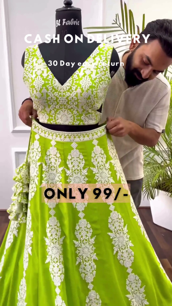 Lime Zest: Embroidered Woven Lehenga Choli Set