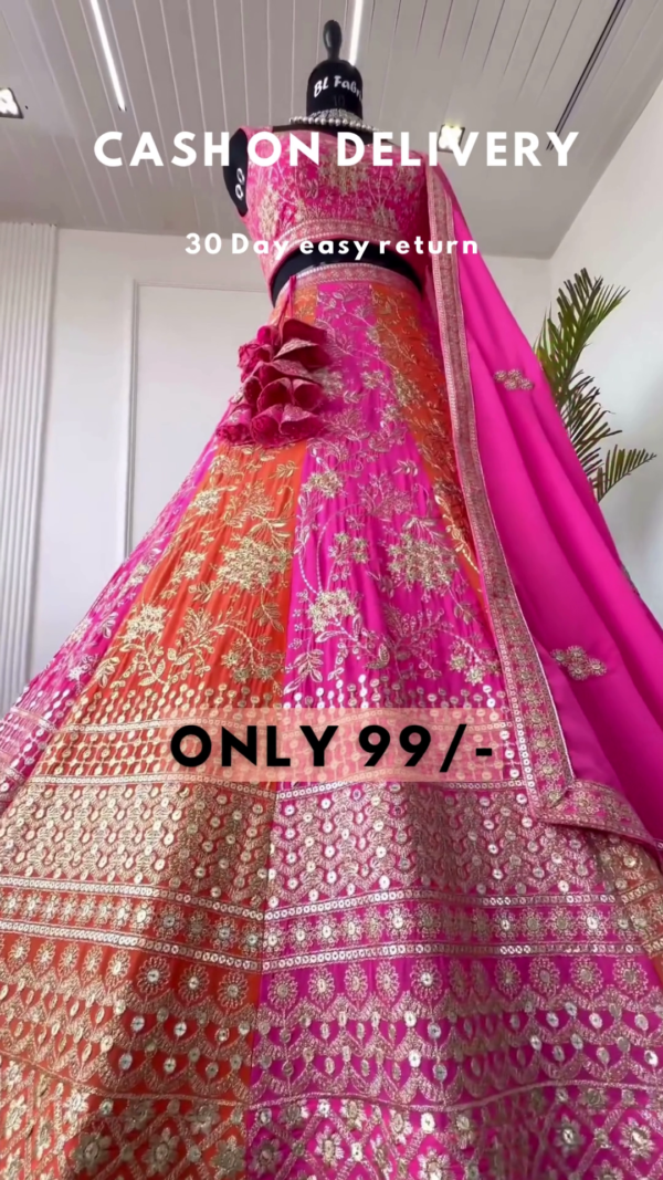 Sunset Blossom: Zari Embroidered Pink & Orange Lehenga Choli Set