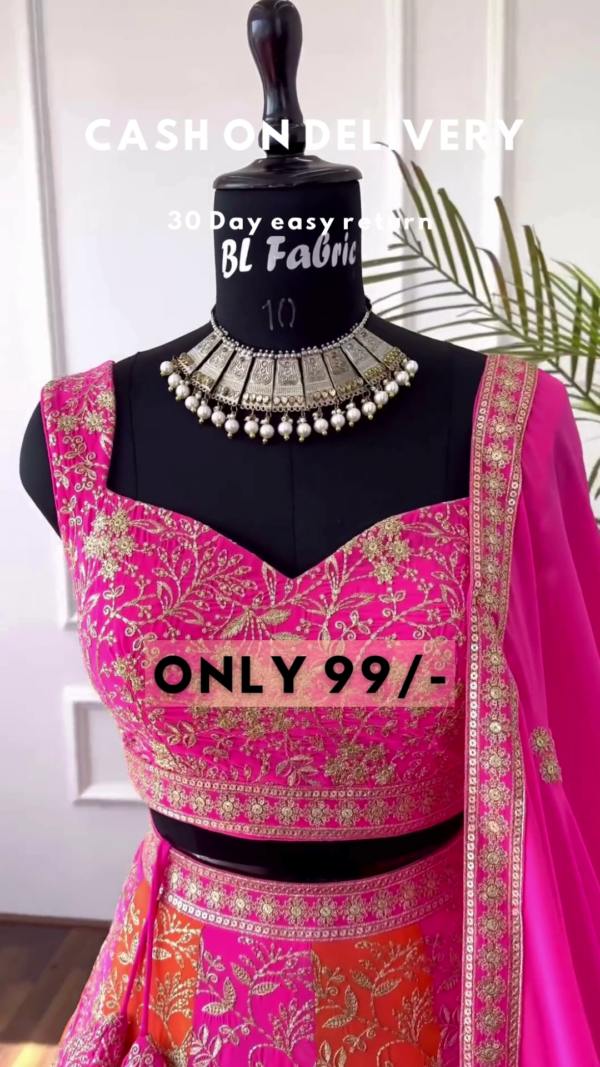 Sunset Blossom: Zari Embroidered Pink & Orange Lehenga Choli Set