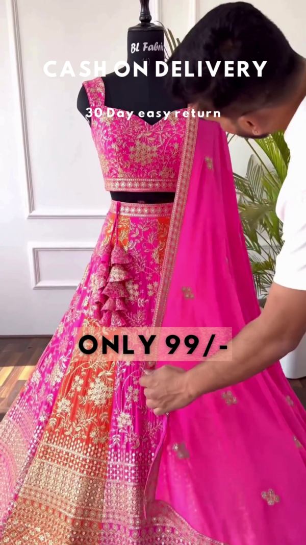 Sunset Blossom: Zari Embroidered Pink & Orange Lehenga Choli Set