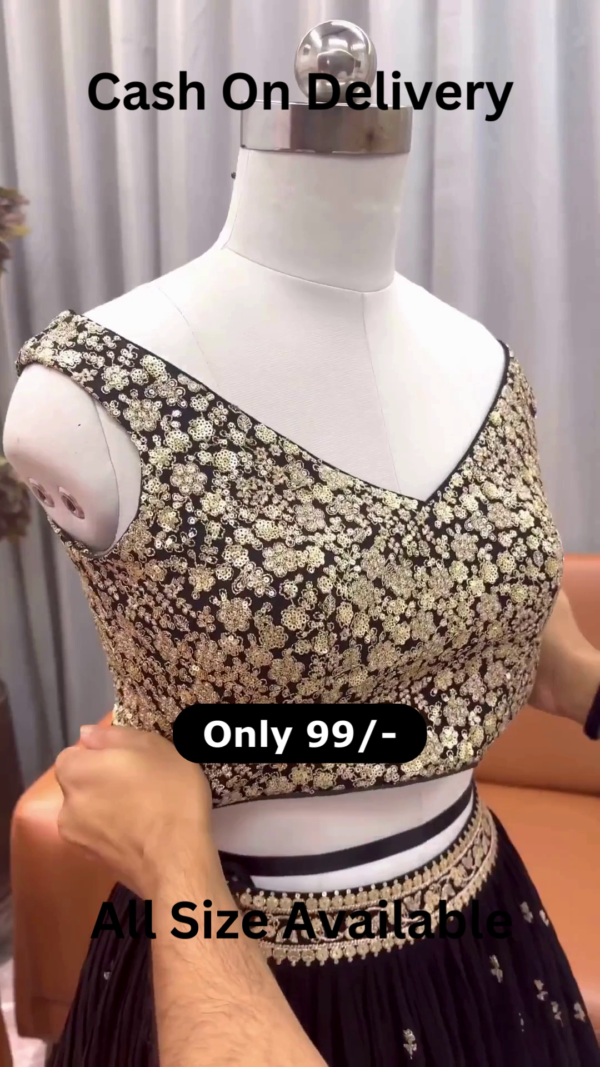 Midnight Shimmer: Heavily Sequined Black & Gold Lehenga Choli Set