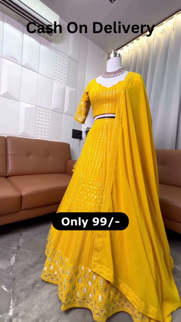 Canary Radiance: Chikankari & Mirror-Work Lehenga Choli Set