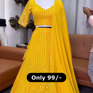 Canary Radiance: Chikankari & Mirror-Work Lehenga Choli Set