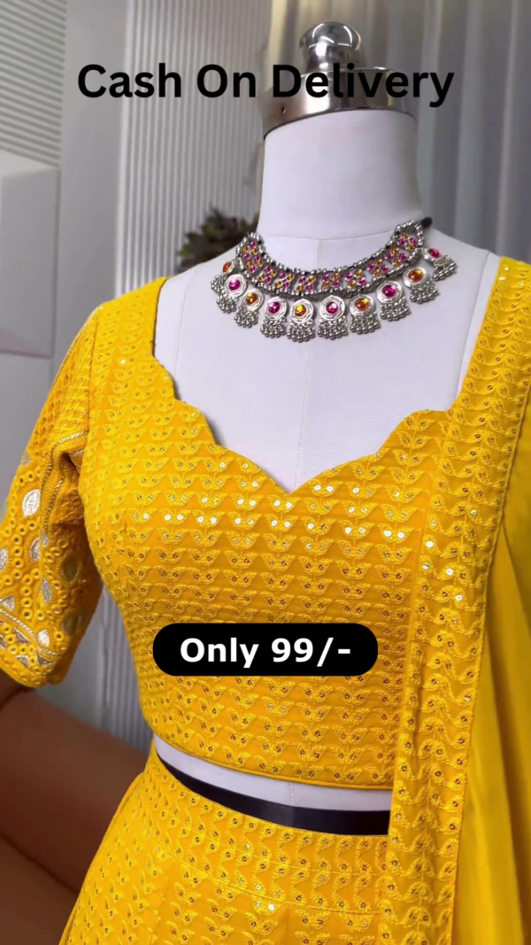 Canary Radiance: Chikankari & Mirror-Work Lehenga Choli Set