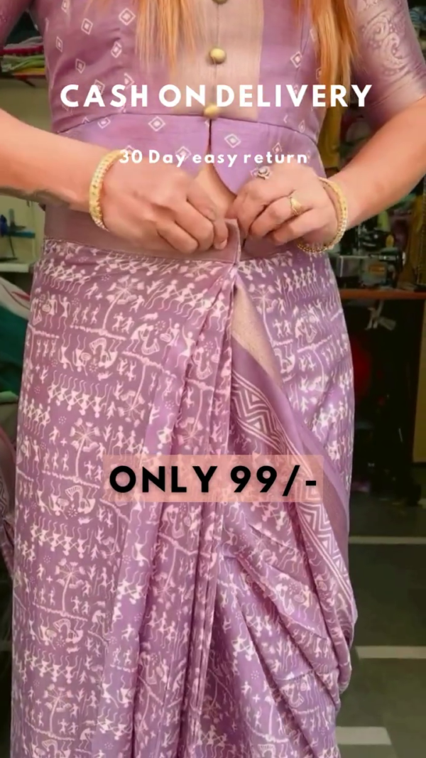 Lilac Folkway: Pre-Stitched Warli Art Co-ord Saree Set