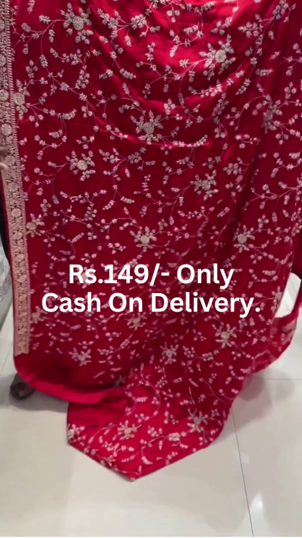 Scarlet Majesty: Intricately Embroidered Zardosi Festive Saree