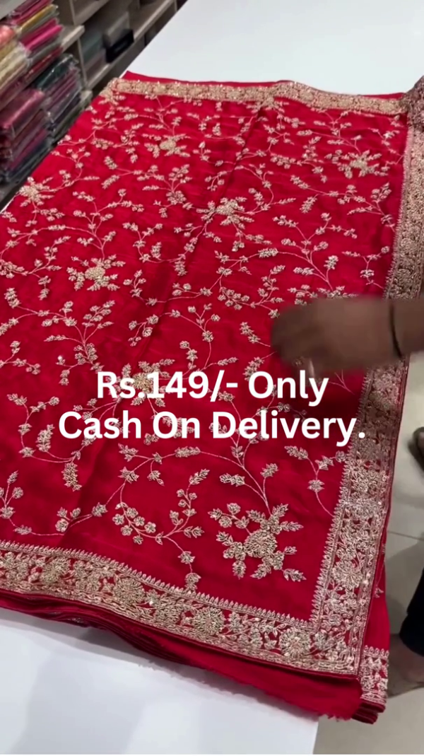 Scarlet Majesty: Intricately Embroidered Zardosi Festive Saree
