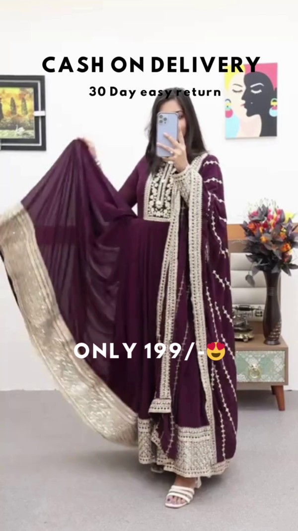 Deep Plum Radiance: Elegant Embroidered Anarkali Tunic & Dupatta Set