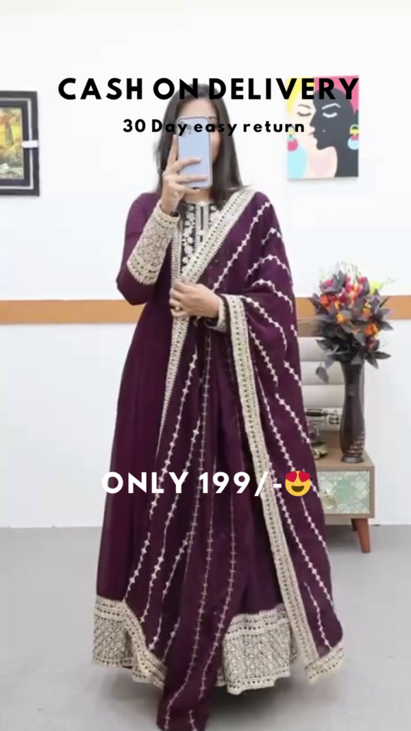 Deep Plum Radiance: Elegant Embroidered Anarkali Tunic & Dupatta Set